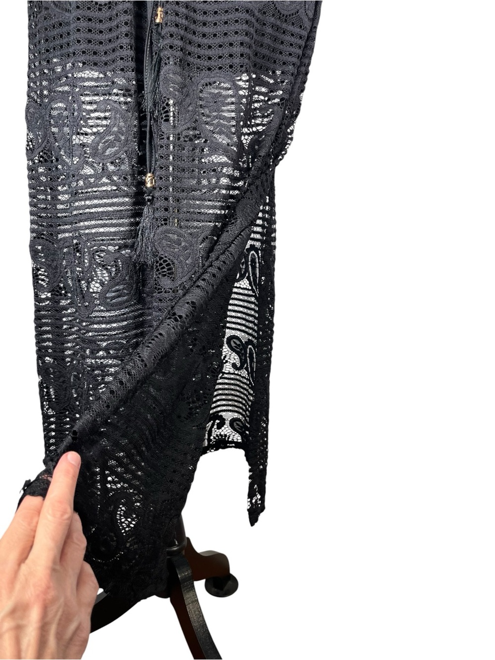 Black Crochet Maxi Dress Swim Cover Up Drawstring Beach Sleeveless Long Boho - Picture 11 of 12